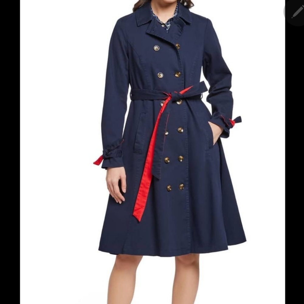 NWT Modcloth Women's Classic Imagination Lined Trench coat Navy/Red - Medium